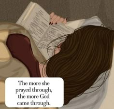 a woman laying in bed reading a book with the caption, the more she traveled through, the more god came through