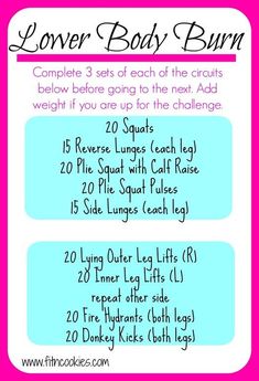 the lower body burn workout plan is shown in pink and blue, with instructions on how to