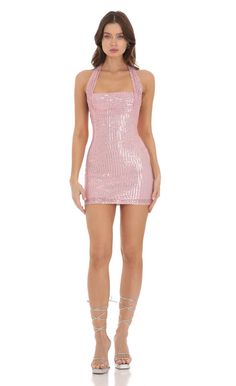 Sequin Halter Dress in Pink | LUCY IN THE SKY Sparkly Dress Aesthetic, Hot Pink Hoco Dress, Pink Sparkly Mini Dress, Glittery Outfits, Glitter Dress Short, Pink Sparkly Dress, Pretty Homecoming Dresses, Birthday Dress 21st, Sequin Halter Dress