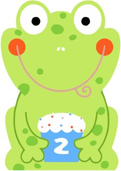 a green frog sitting on top of a blue box with the number two in it's mouth