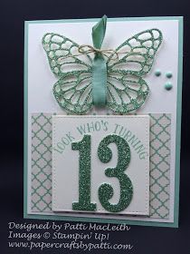 a birthday card with a green butterfly on it's side and the number thirteen