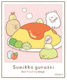 an image of some animals and food on a plate with the caption sumikogurashi our puzzling way