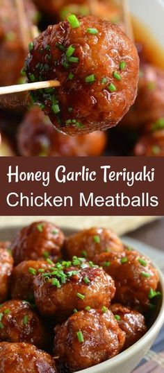 honey garlic teriyaki chicken meatballs in a white bowl with chopsticks