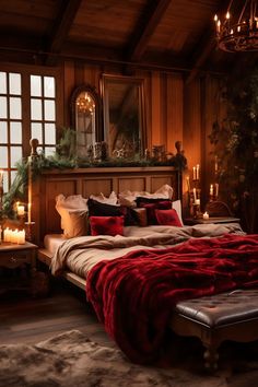 A medium-sized rustic bedroom with a sensual scarlet and beige color scheme, featuring natural wood furniture, a log bed with a plush blanket, wildlife art, and a wrought iron chandelier, creating a warm and romantic atmosphere. Dark Romantic Bedroom, Log Planter, Small Home Offices