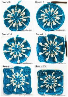 crocheted snowflake is shown with instructions to make the snowflakes