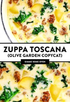 two photos of zuppa toscana with cheese and spinach in a pan