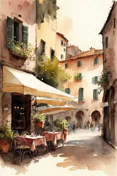 watercolor painting of an outdoor cafe with tables and umbrellas