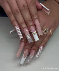 Long Xmas Nails, Christmas Nails Different, Winter Nail Ideas Coffin, Hard Gel Nails Christmas Design, White Glitter Nails With Designs, Winter Nail Inspo 2024 Square, Winter Wonderland Acrylic Nails, Candy Cane Inspired Nails, Pink Christmas Acrylics