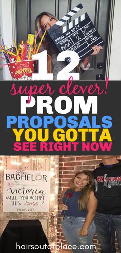 some people standing in front of a sign with the words 12 super clever prom proposals you gota see right now