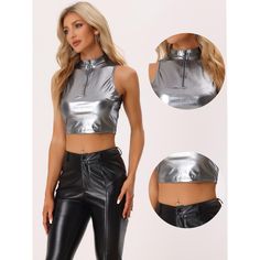 Check out this stunning holographic crop top! With its metallic color, mock neck, zipper front, and sleeveless, slightly stretchy design, this top is perfect for any upcoming festival or party. The stylish and charming metal fabric will make you stand out in the disco, night out, and party crowd. Pair it with high-waist PU leather pants, shorts, or mini skirts for a cool Y2K style that's sure to turn heads. Holographic Crop Top, Sparkly Sequin Top, Metallic Crop Top, Party Crop Tops, Party Tank Top, Metallic Shorts, Black Crop Top Tank, Solid Color Pants, Crop Tank Top