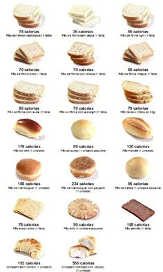 an image of different types of breads and pastries on a white background with the words calories dos paes written in spanish