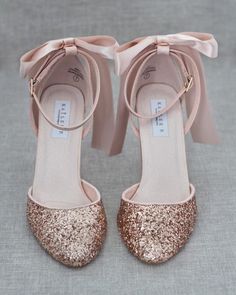 Rose Gold Rock Glitter Block Heel with Back Satin Bow, Women Shoes – Kailee P. Inc. Pink Wedding Shoes With 4-inch Heel, Party Heels With Satin Bow And Low Heel, Elegant 4-inch Block Heels For Party, Elegant 4-inch Party Block Heels, Pink Heels With 4-inch Heel For Wedding, Rose Gold 4-inch Heels For Formal Occasions, Party Heels With Satin Bow And Block Heel, Low Heel Wedding Shoes With Bow For Party, Pink Wedding Shoes With 4-inch Heel For Party