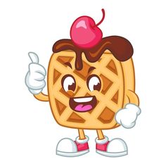 waffles mascot cartoon with thumbs up and holding a glass of ice cream illustration