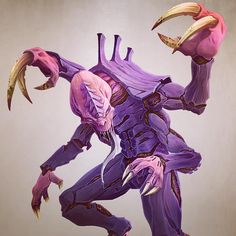 an alien like creature with large horns and long legs, purple paint on white background