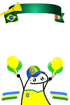 a cartoon character holding two balloons in front of a flag and a green ribbon with the word brazil on it