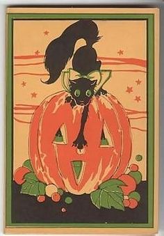 a black cat sitting on top of a jack - o'- lantern with leaves