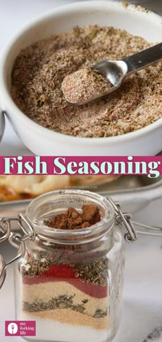 there is a bowl of fish seasoning next to a spoon