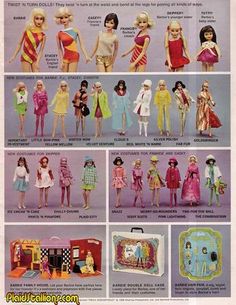 an advertisement for barbie dolls from the 1970's, with pictures of their outfits and accessories