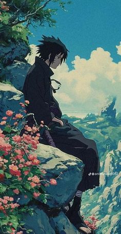 a man sitting on top of a rock next to flowers