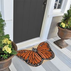 two potted plants with yellow flowers and a butterfly rug on the front door steps