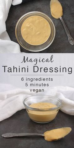 the ingredients to make tahini dressing are shown in bowls and spoons