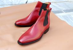 Crafted Leather Bespoke Dress Shoes Classic Red Chelsea Boot on Storenvy Red Chelsea Boots, Bespoke Dress, Shoes Classic, Red Fashion, Leather Craft