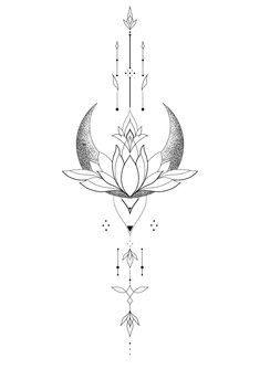 a black and white drawing of a lotus flower with arrows on the back of it