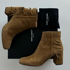 Ysl Saint Laurent Suede Brown Heeled Ankle Boots. Full Package With Original Box And Pouch. Low Comfy Heel Trendy Suede Material. In Good Condition - Has Some Scratches And Color Transfer. Size 39 I Usually Wear Sneakers Us 8.5 And These Boots Fit Me Perfectly. My Insole Length Is 25.5 Cm My Foot Length 25 Cm. Ankle Boots Ysl, Ysl Boot Heel, Ankle Boots Low Heel, Boots Low Heel, Boots Fit, Ysl Saint Laurent, Comfy Heels, Yves Saint Laurent Shoes, Suede Material