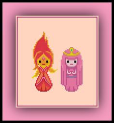 an image of two pixel characters on a pink background