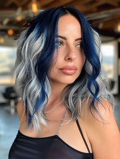 #haircolor #hairstyle #hairideas #hair #Ombrégreyhair #colorfullhairs Blonde With Color Money Piece, Navy Blue And Blonde Hair, Black Blue And Blonde Hair, Hair Inspo Color Blue, Dark Blue And Blonde Hair, Blonde With Color Highlights, Grey And Blue Hair, Blue And Grey Hair, Sky Blue Hair Color