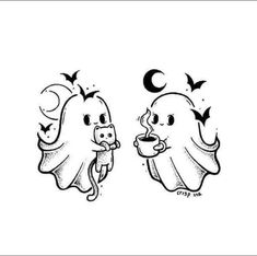 Ghoul Friends Tattoo, Gemini Ghost Tattoo, Sister Spooky Tattoo, Twin Ghost Tattoo, Halloween Bestie Tattoos, Ghost With Tea Cup Tattoo, Best Ghoul Friends Tattoo, Ghosts Tattoo Ideas