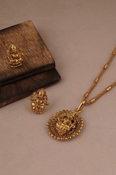 Buy Smars Jewelry Goddess Lakshmi Carved Pendant Necklace Jewellery Set Online | Aza Fashions Lakshmi Devi Locket Gold Simple, Lakshmi Locket Gold, Lakshmi Dollar Gold, Gold Lakshmi Pendant Designs, Beats Jewellery, Simple Gold Pendant Necklace, Dollar Chain