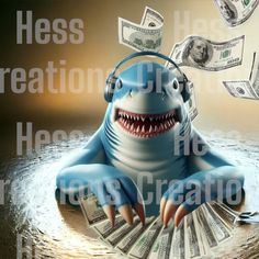 a shark with headphones and money floating out of it's mouth in the water