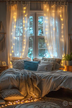 The combination of lights, decorations, and the wooden furniture creates an inviting atmosphere filled with warmth and holiday cheer. Fairy Lights Bedroom Wall Sheer Curtains, Curtains With Led Lights, Fairy Lights Bedroom Wall, Natural Motifs, Earthy Bohemian, Curtain Bedroom