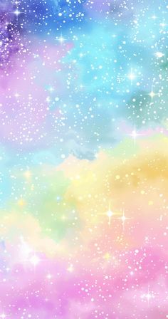 an abstract background with stars and clouds in pastel colors, including blue, yellow, pink, purple, and green