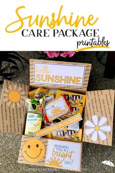 the sunshine care package printables are packed in boxes and ready to be delivered