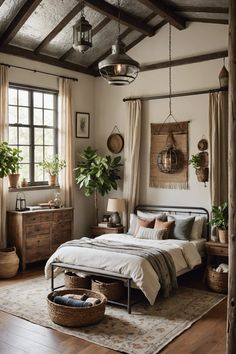 a bed room with a neatly made bed and lots of plants in the window sill