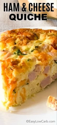 ham and cheese quiche on a white plate