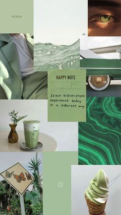 green and white collage with an ice cream cone in the middle, coffee cup on table