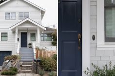 two different houses side by side one has a blue door and the other is white