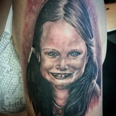 Ridiculous Tattoos, Bad Portrait Tattoos, Skull Face Tattoo, Really Bad Tattoos, Doe Tattoo, Childs Face, Tattoo Fixes, Religious Tattoos