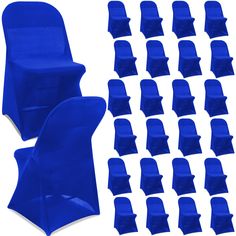 blue folding chairs and covers are arranged in rows