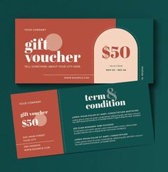 two gift voucher cards with the words $ 50 in red and green on them