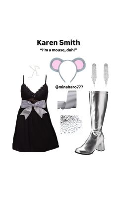 a woman in black dress and silver boots with text that reads, i'm a mouse, but