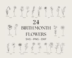 the 24 birth month flowers svg dxf file is shown in black and white