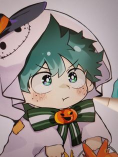 a drawing of a boy with green hair wearing a hat and scarf next to a snowman