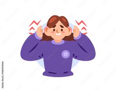 a woman is holding her head with both hands, and she has red arrows coming out of her ears