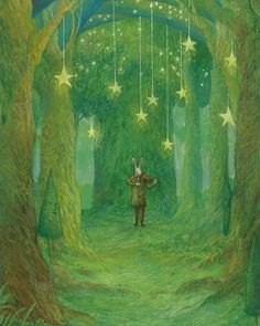 a painting of a man standing in the middle of a forest with stars hanging from the ceiling