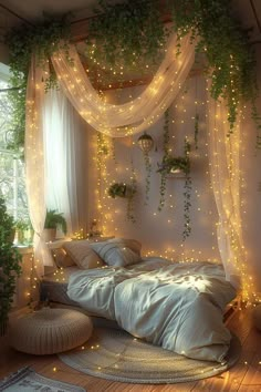 an unmade bed with fairy lights hanging from the ceiling and pillows on the floor