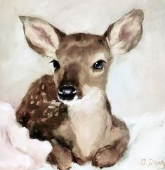 a painting of a baby deer sitting on top of a white blanket and looking at the camera